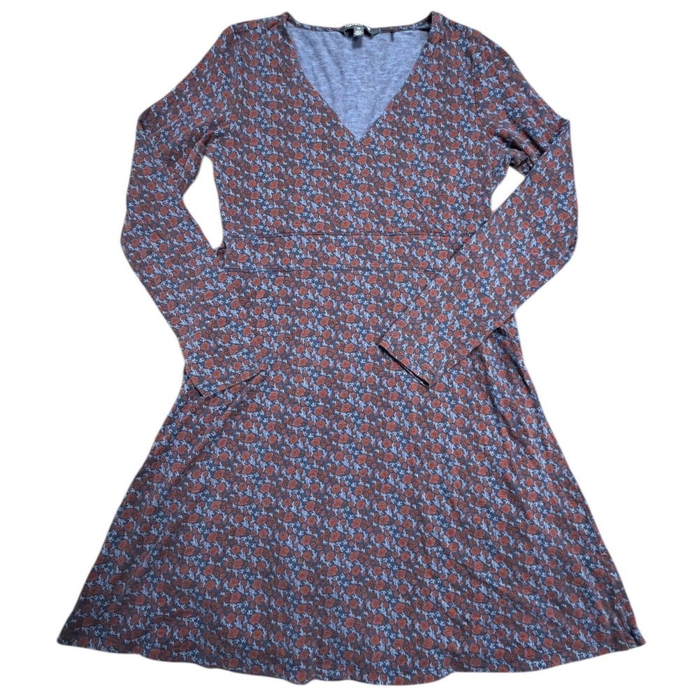Toad&Co Floral V Neck Empire Waist Tie Back Dress Blue Rust Long Sleeve Womens M